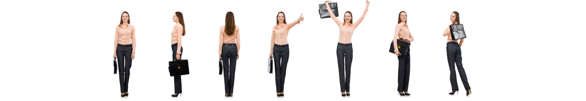 Pretty office manager holding briefcase isolated on white